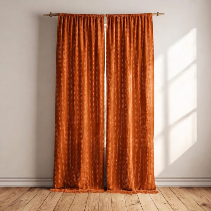 Boho Rust Orange Curtains with Fringe
