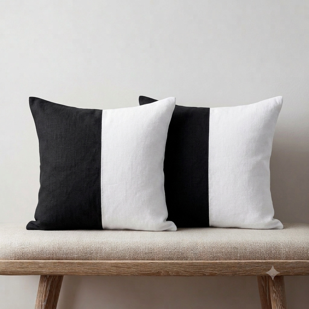 Black and white throw pillows woven stripe and buffalo check cotton canvas on a Bone sofa