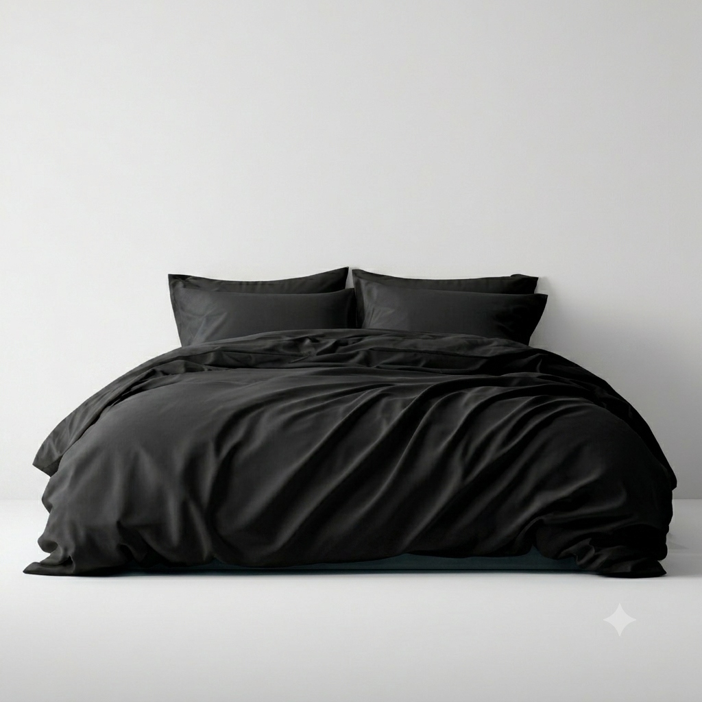 Black bed sheets in yarn-dyed sateen cotton on a made bed