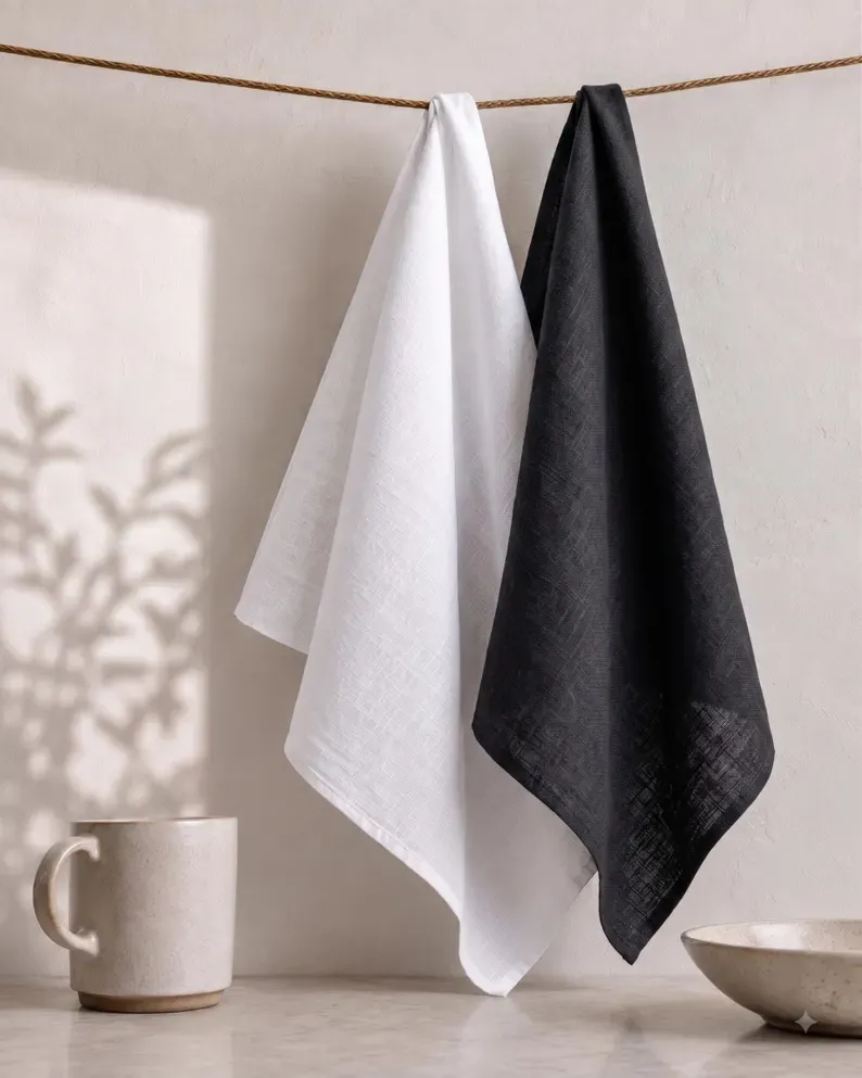 Black cloth napkins folded 20x20 yarn-dyed cotton against white china with brass cutlery