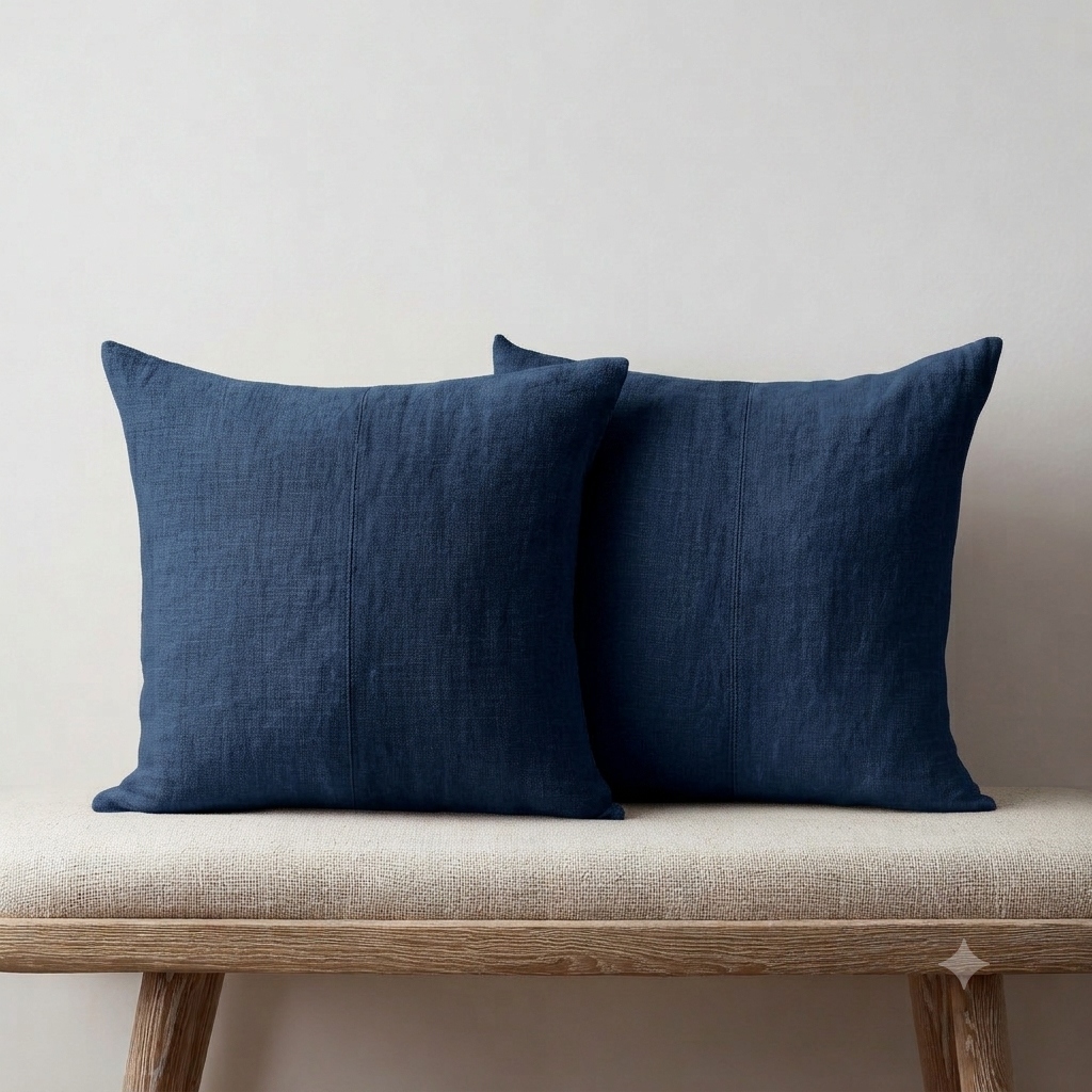 Blue throw pillows Navy Indigo Chambray on a cream sofa yarn-dyed cotton