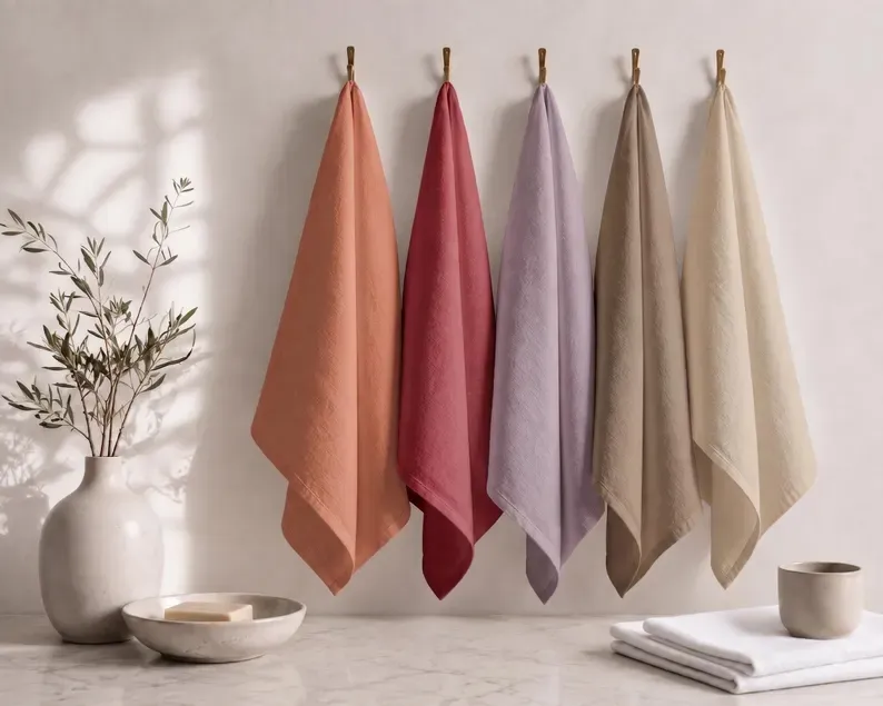 Brown napkins warm taupe folded 20x20 yarn-dyed cotton on oak dining table