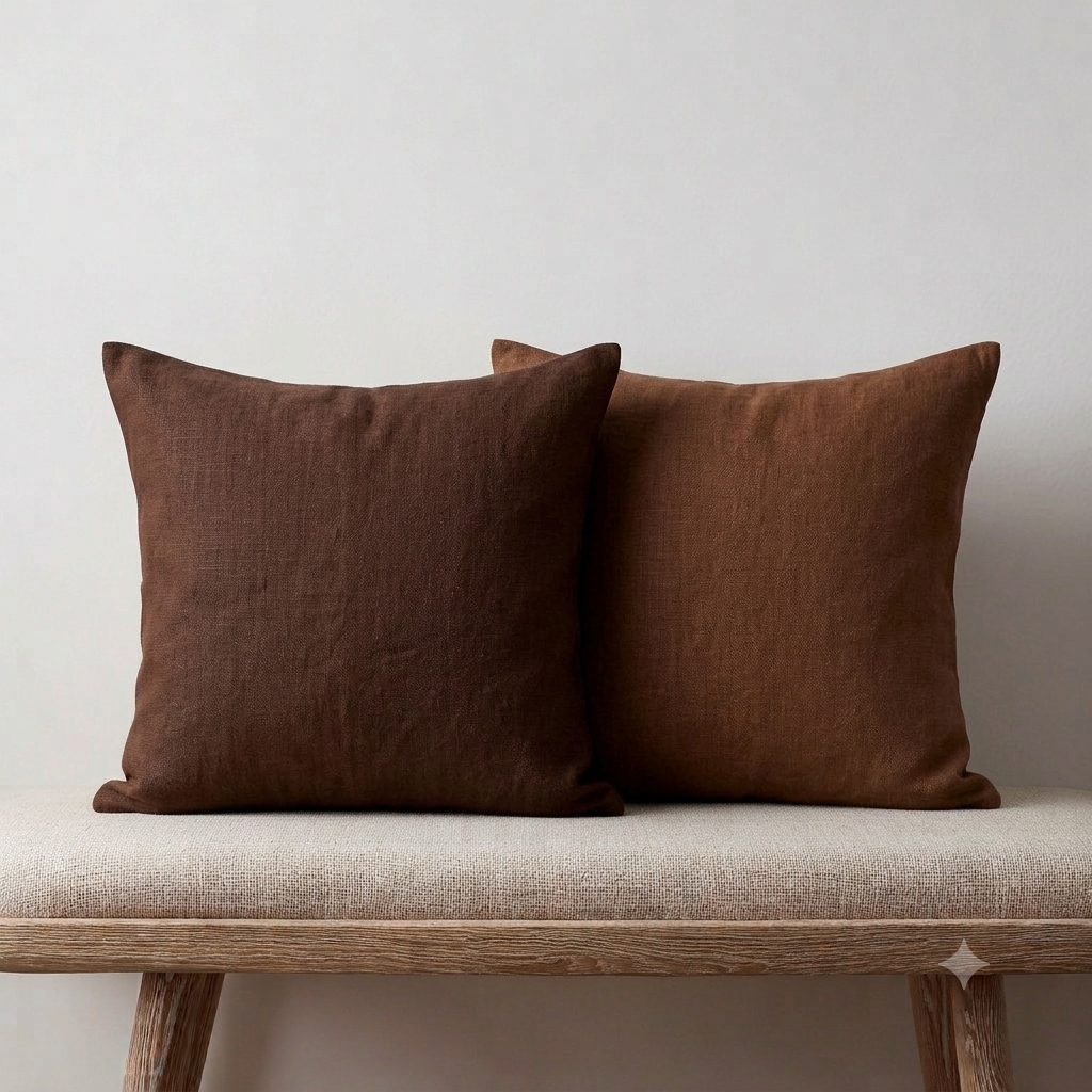 Brown throw pillows Sable Tan Chocolate Taupe yarn-dyed cotton linen on a leather sofa