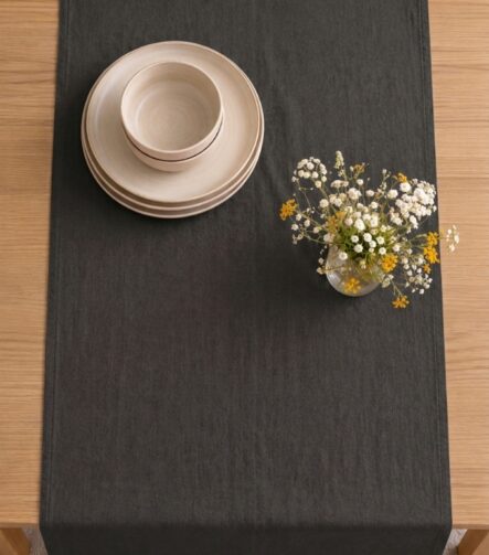 Charcoal Linen Table Runner — styled along a dining table