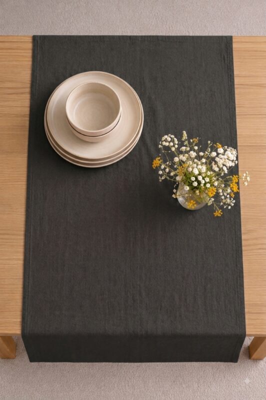 Charcoal Linen Table Runner — styled along a dining table