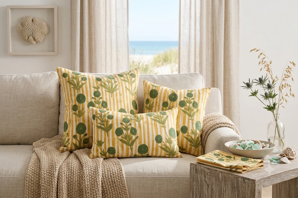 Coastal Throw Pillows — on a sofa