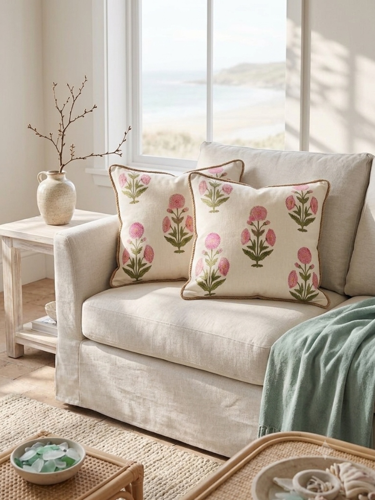 Coastal throw pillows in Bone Sage and Indigo solution-dyed acrylic on a beach house sofa