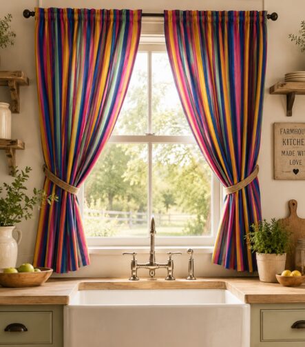 Cotton Kitchen Curtains — hung at a kitchen window