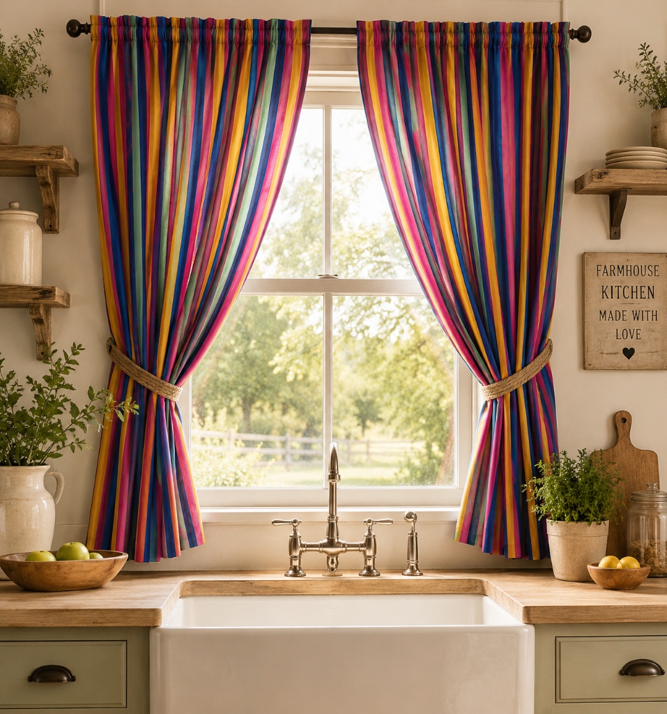 Cotton kitchen curtains combed mercerised 200 gsm Sage yarn-dyed at a sunlit kitchen window