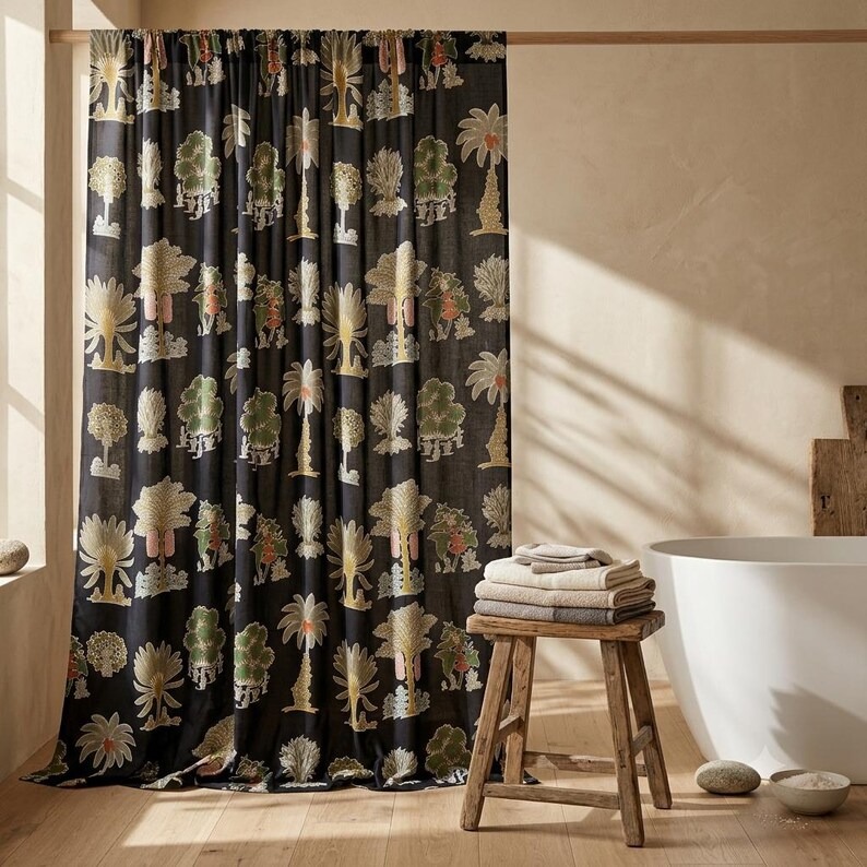 Cotton shower curtain 220 gsm GOTS organic cotton Fog Grey in a family bathroom