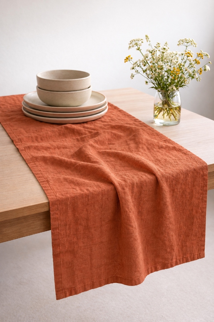 Dining table linen runner washed flax with placemats on a set dining table