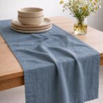 Dusty Blue Linen Table Runner — styled along a dining table