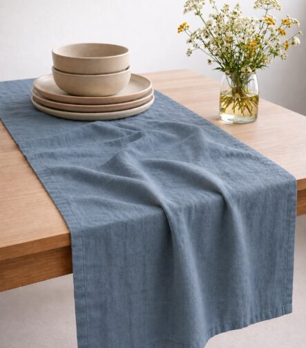 Dusty Blue Linen Table Runner — styled along a dining table