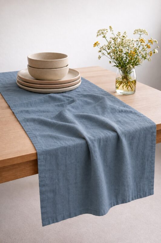 Dusty Blue Linen Table Runner — styled along a dining table