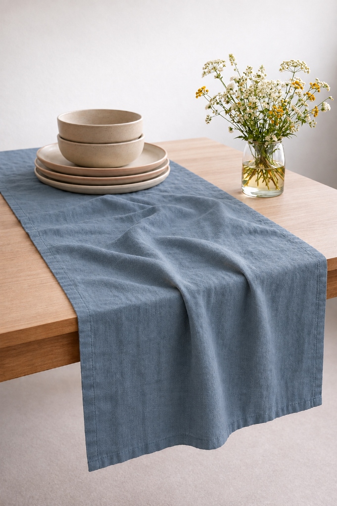 Dusty blue linen table runner chalky blue washed flax coastal dining setting