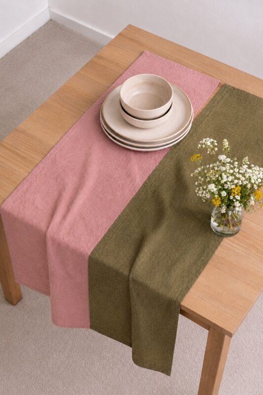 Dusty Pink Linen Table Runner — styled along a dining table