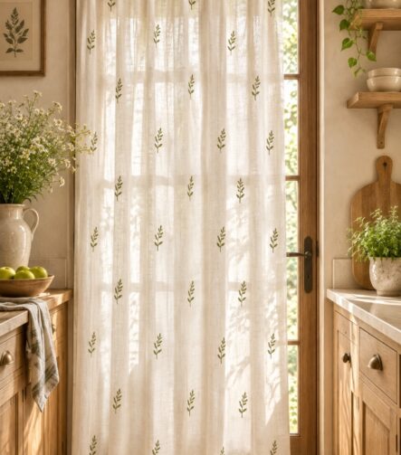 Embroidered Sheer Curtains — hung at a window