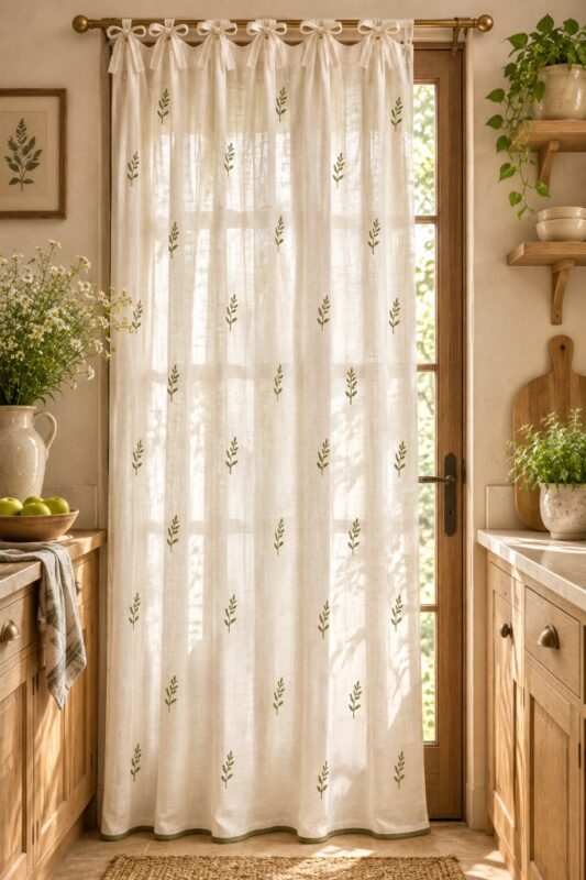 Embroidered Sheer Curtains — hung at a window