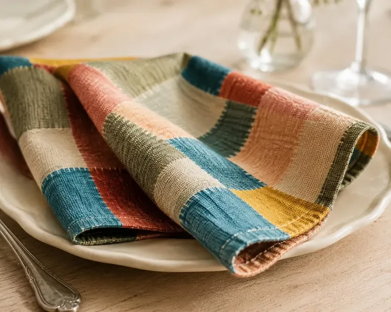 Fall napkins terracotta mustard rust folded 20x20 yarn-dyed cotton on autumn table with candles