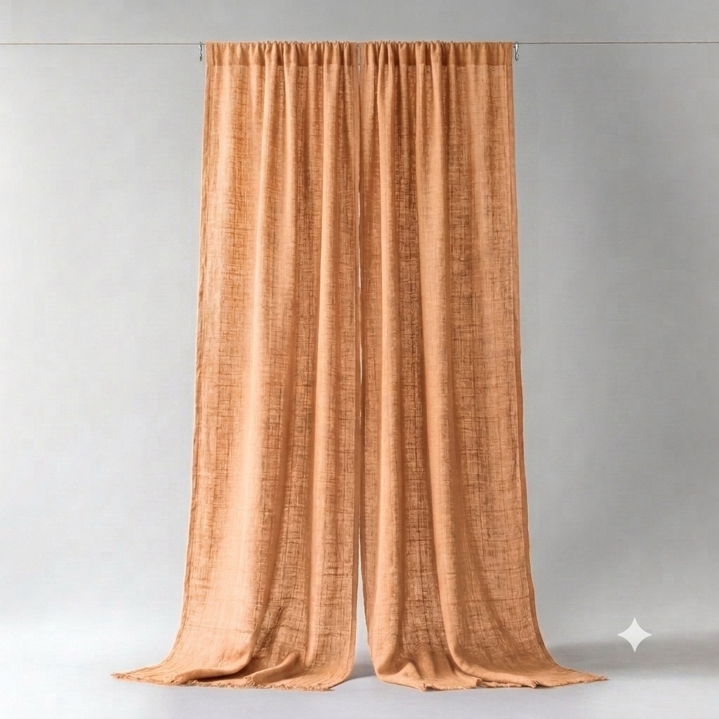 Faux linen curtains in polyester with heavy slub weft 210 gsm at a rental apartment window
