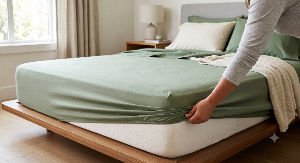 Fitted bed sheets in combed long-staple cotton, styled on a neatly made bed