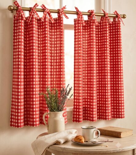 Gingham Cafe Curtains — hung at a window