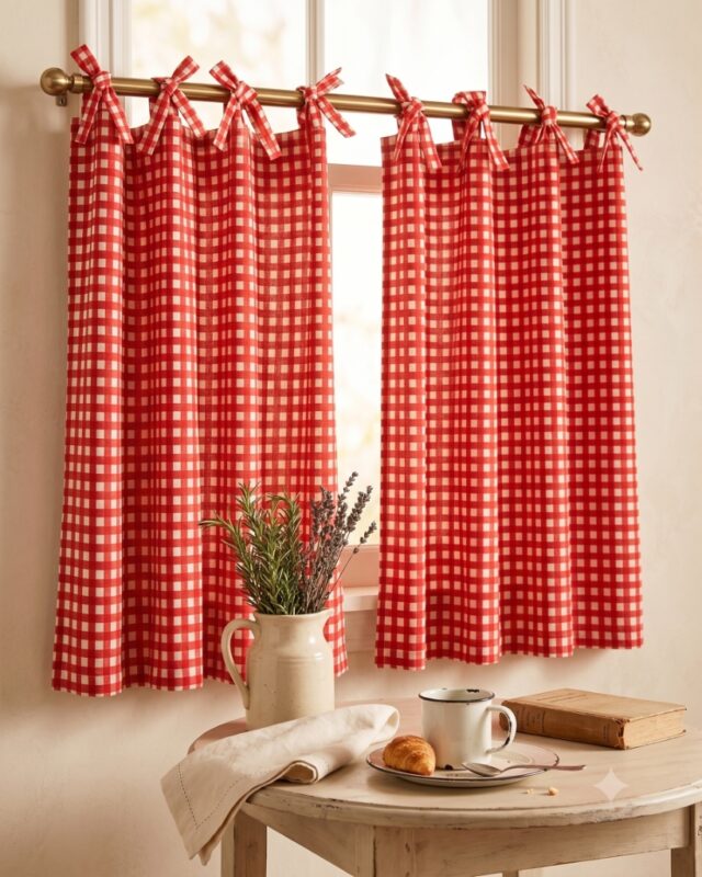 Gingham Cafe Curtains — hung at a window
