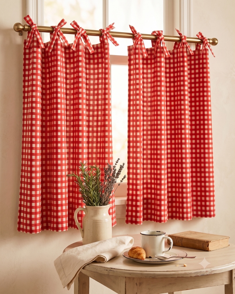 Gingham cafe curtains yarn-dyed classic 8 mm check Ink on Alabaster at a bright kitchen window