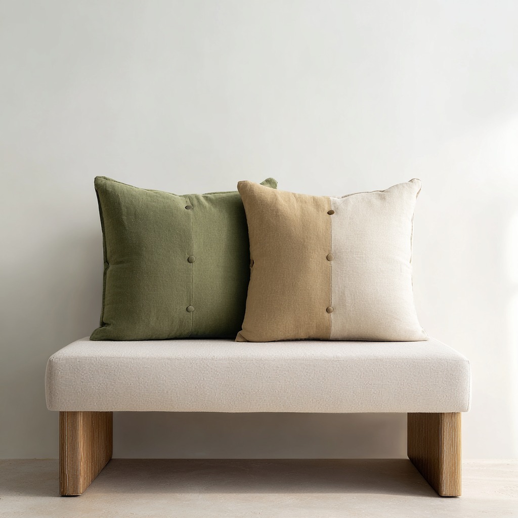 Green throw pillows Sage Olive Fern cotton linen blend on a neutral sofa