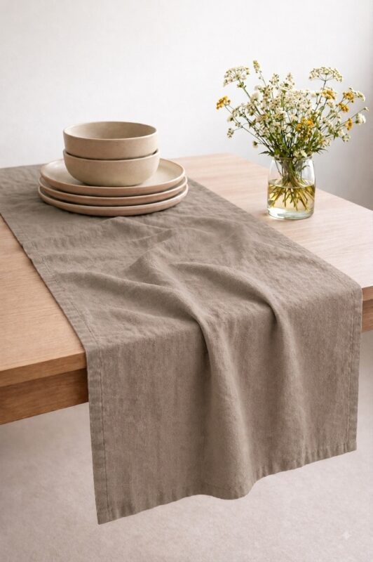 Grey Linen Table Runner — styled along a dining table