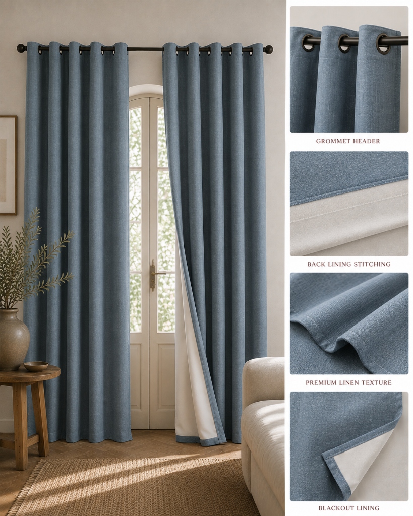 Grommet blackout curtains 290 gsm 3-pass coated Ink with rust-proofed rings at a bedroom window