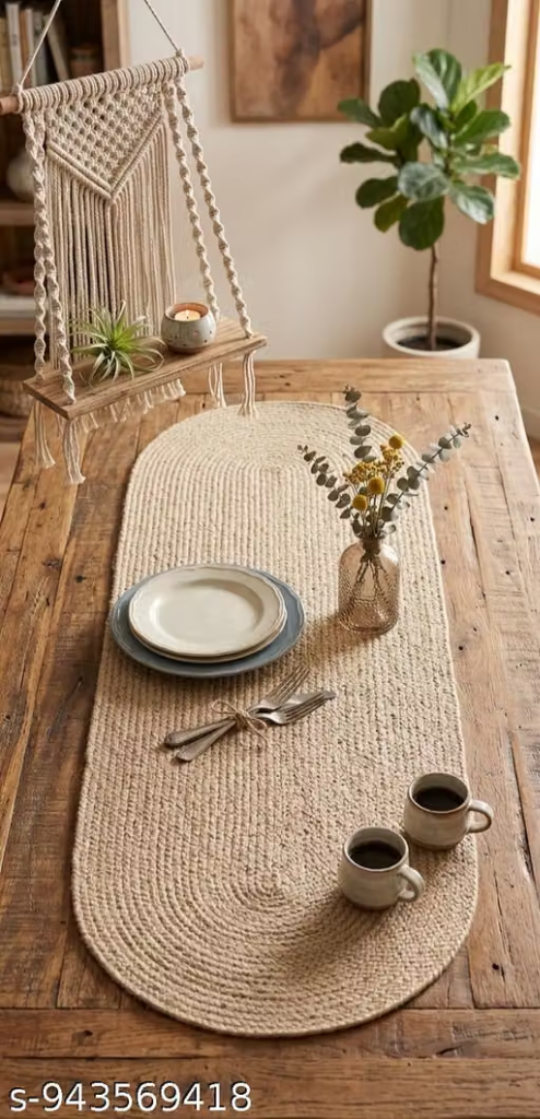 Jute table runner woven natural fibre chunky texture on coastal modern dining table