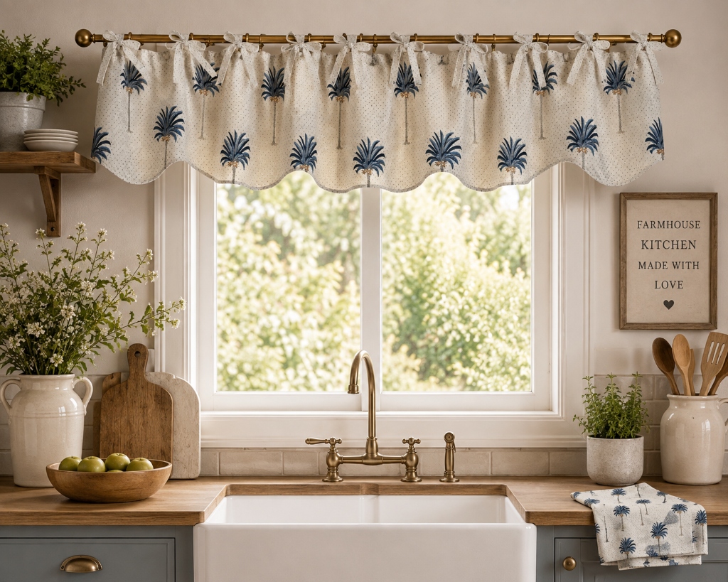 Kitchen curtain valance 12 inches deep gathered on a rod above a sink Sage yarn-dyed cotton