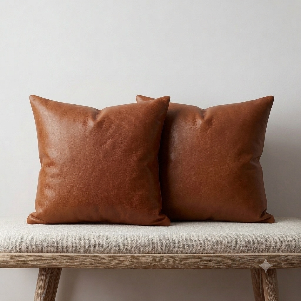 Leather throw pillows in Sable and Tan matte faux leather on a chesterfield sofa