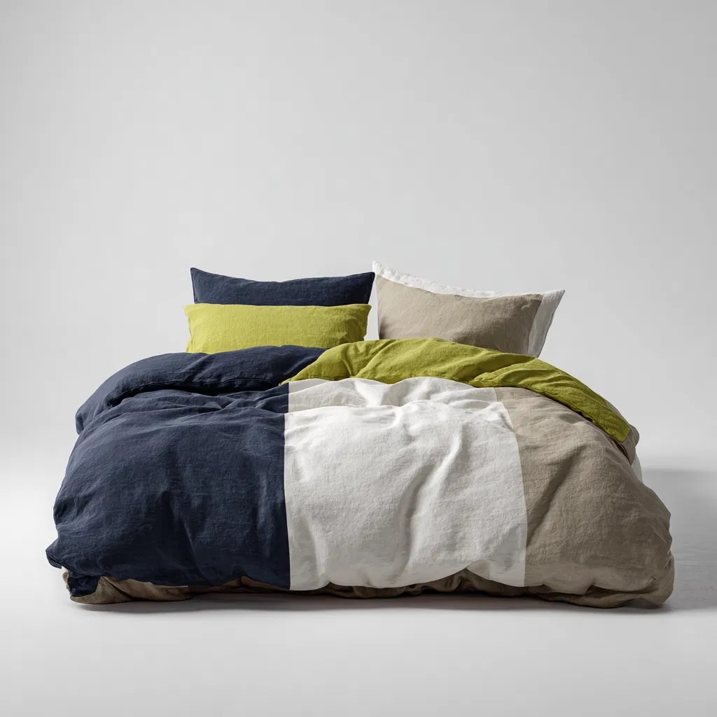 Linen bed sheets in stonewashed flax linen, styled on a neatly made bed