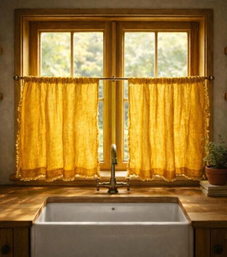 Linen Cafe Curtains — hung at a window