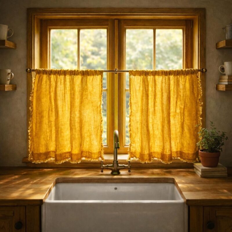 Linen Cafe Curtains — hung at a window