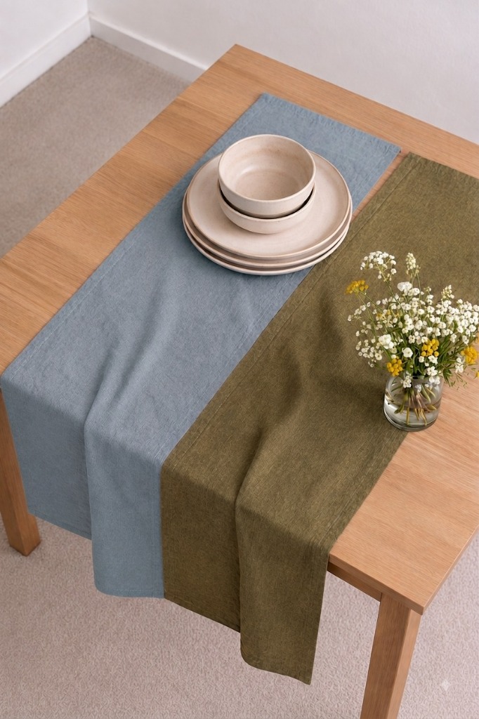 Long linen table runner 120 inches washed flax spanning long farmhouse table