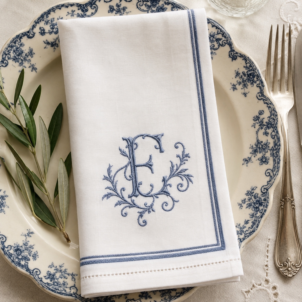 Monogrammed cocktail napkins chain-stitch initial in corner 6x6 linen at bar cart
