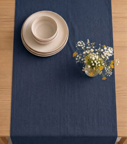 Navy Linen Table Runner — styled along a dining table
