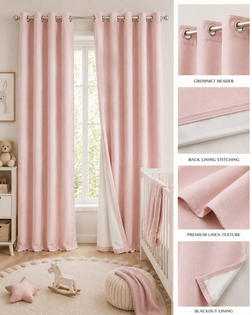 Nursery blackout curtains 3-pass cordless OEKO-TEX Bone wall-to-wall mounted in a baby's room