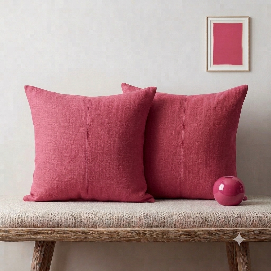 Pink throw pillows Blush Rose Coral cotton linen on a neutral sofa
