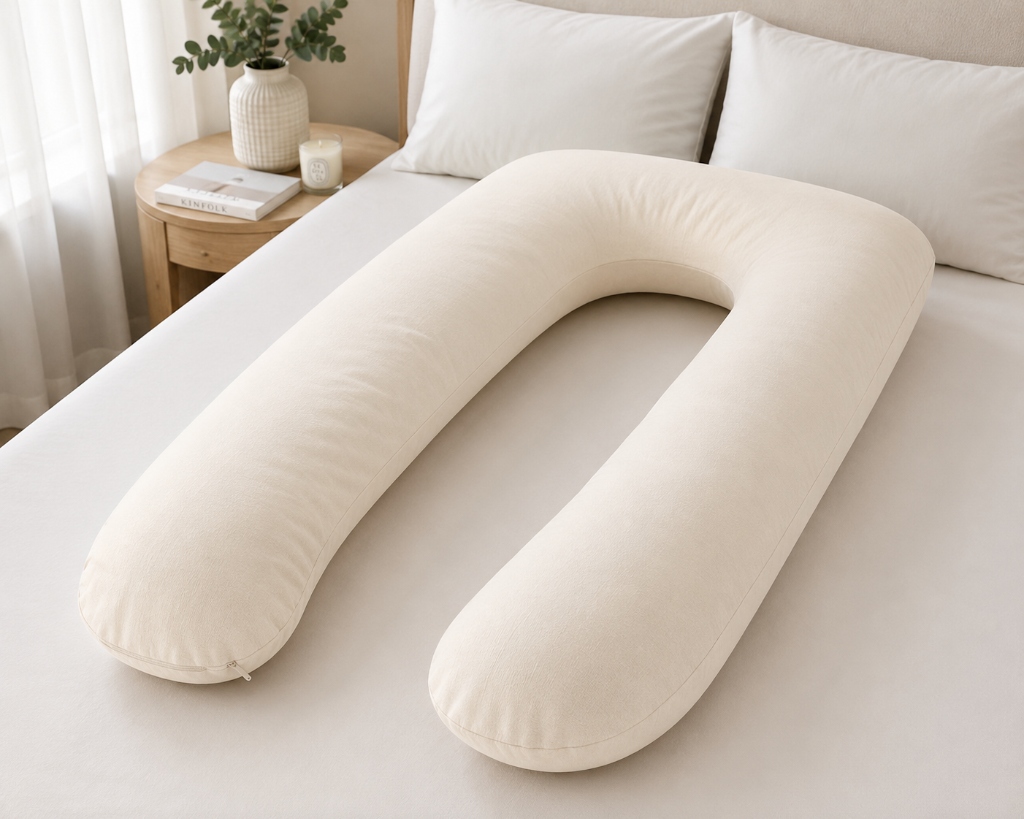 Pregnancy pillow cover in Bone OEKO-TEX cotton on a full-body U-shape pregnancy pillow