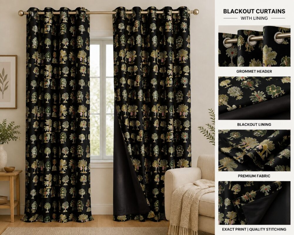Printed Blackout Curtains — hung at a window