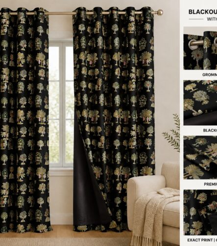 Printed Blackout Curtains — hung at a window