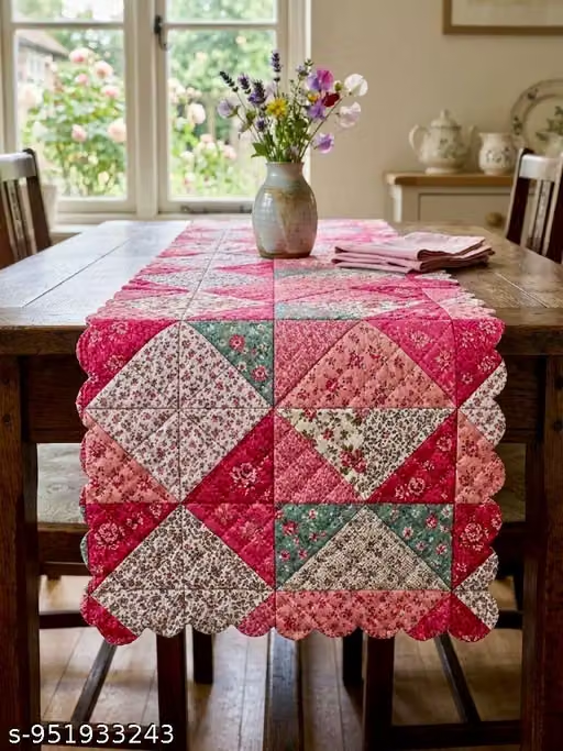 Quilted table runner three-layer cotton stitched pattern with candles on dining table