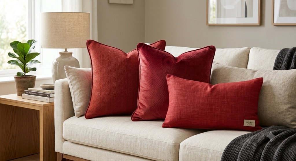 Red throw pillows Rust Burgundy Terracotta cotton linen yarn-dyed on Sable sofa