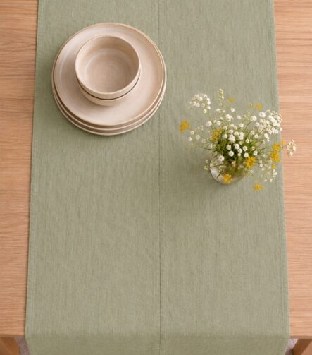 Sage Green Linen Table Runner — styled along a dining table