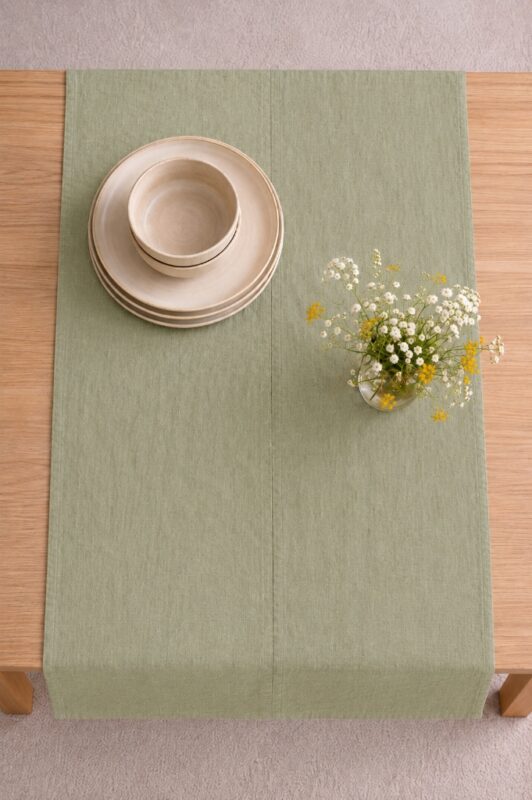 Sage Green Linen Table Runner — styled along a dining table