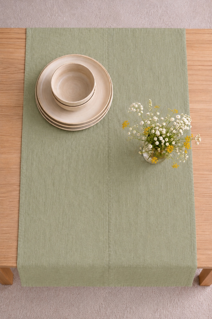 Sage green linen table runner botanical washed flax with greenery centrepiece